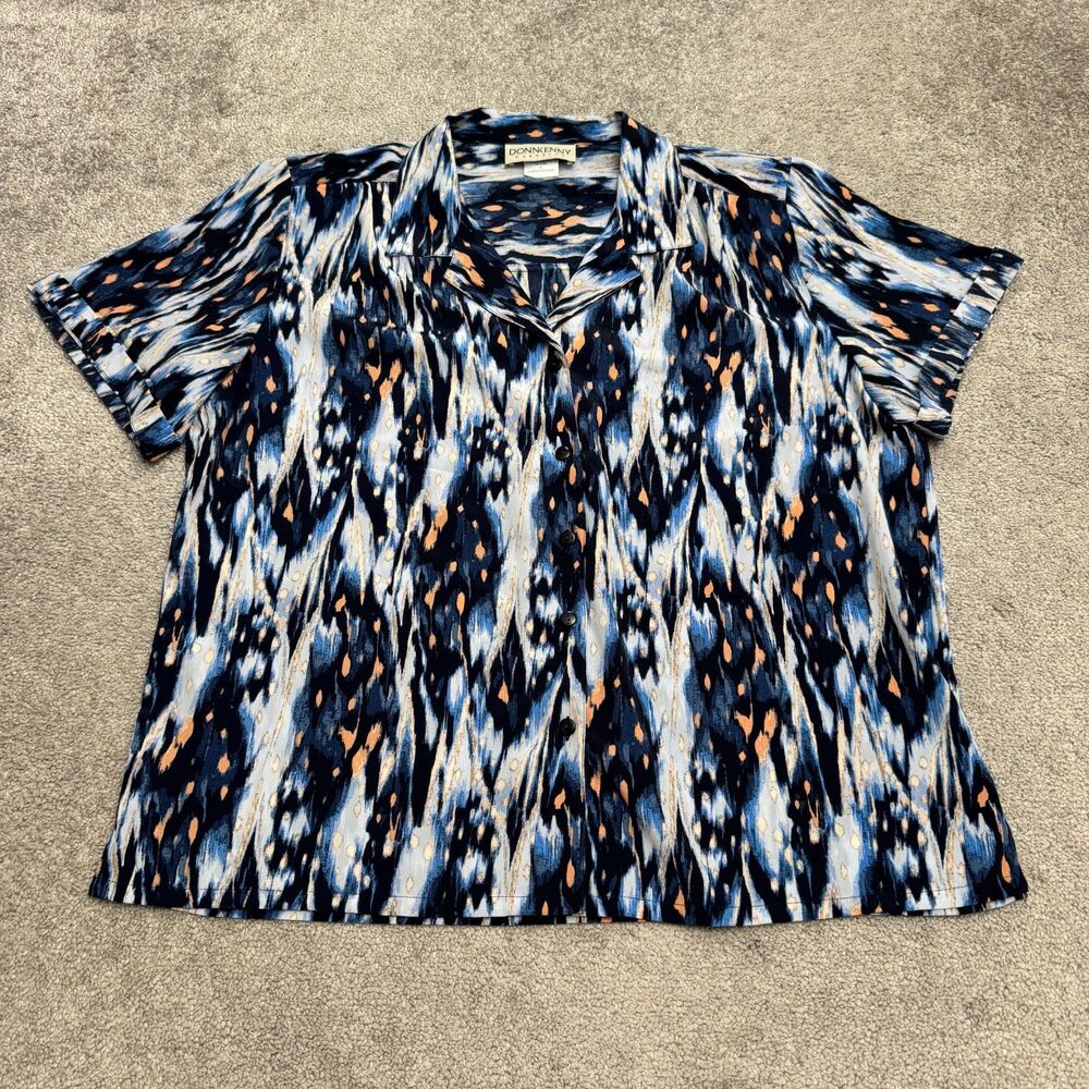 Vintage Donnkenny Classics Blouse Womens XL Blue Ikat Seersucker Camp Shirt